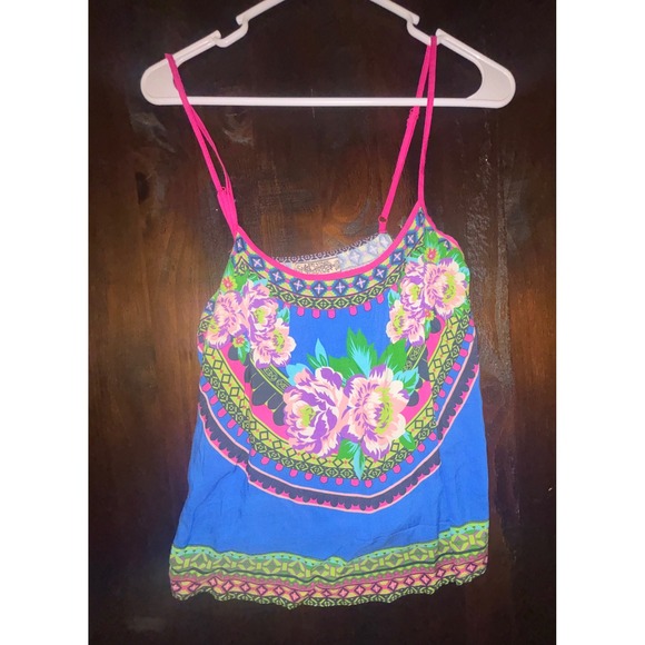 Flying Tomato Tops - Flying Tomato Blue Floral Boho Cami Adjustable Straps Rayon Tank Top Small